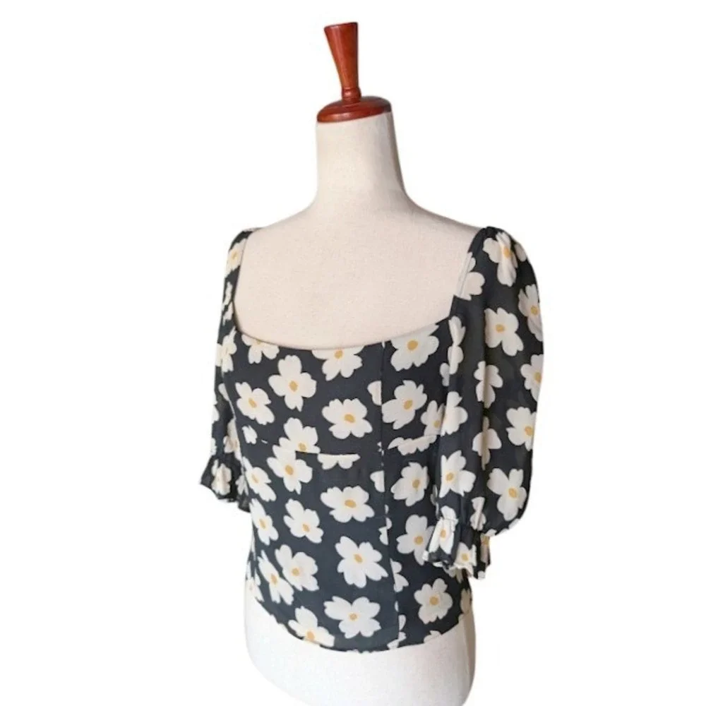 Reformation Georgia Daisy Print Smocked‎ Puff Sleeve Square Neck Blouse Size 10